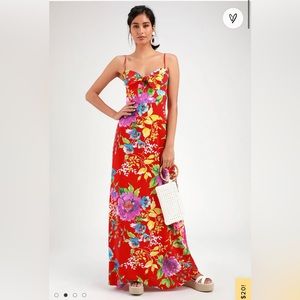 Lulus Santiago Red Floral Print Tie Front Maxi